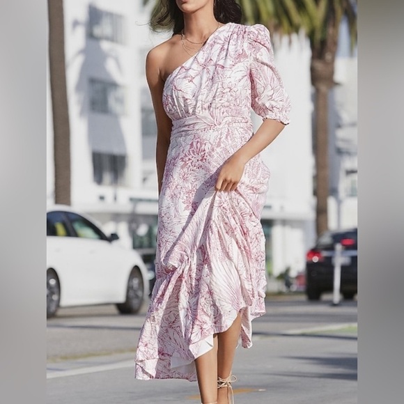 Express Pink Rayon Floral Dress Puff Sleeve Asymmetric One Shoulder Dress XS - Picture 4 of 9